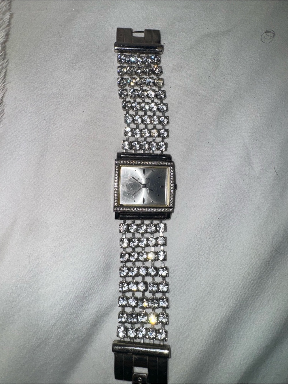 Rhinestone-Embellished Silver Bracelet Watch